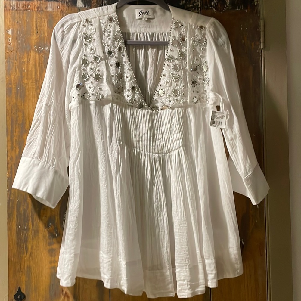 Gorsuch Jode London Boho White Cotton Blouse Tunic Pintucked Sequins Size L NWT